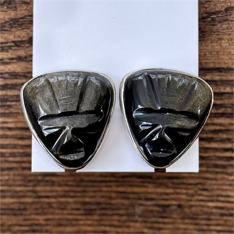 1940's Mexico Sterling 925 Gold Sheen Obsidian Carved Aztec Screw Back Earrings