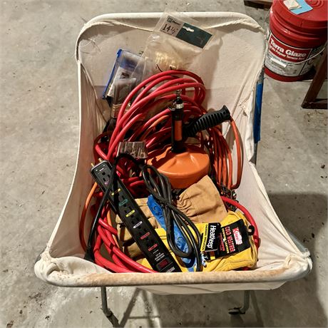 Rolling Clothes Bin Filled with Extension Cords, Gloves, Rigid and More