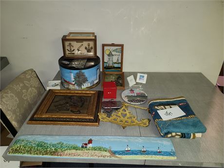 Mixed Nautical Theme Decor:Brass Wall Decor/Wood Box/Tin/Wind Chime & More