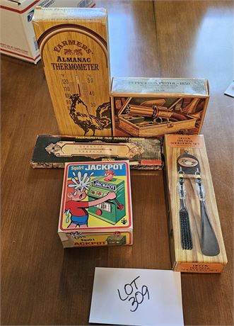 Farmers Almanac Thermometer, Brass Thermometer, Shoehorn, Avon & Jackpot Toy