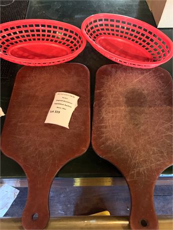 Wooden Bread Serving Paddle Boards & Red Plastic Serving Baskets