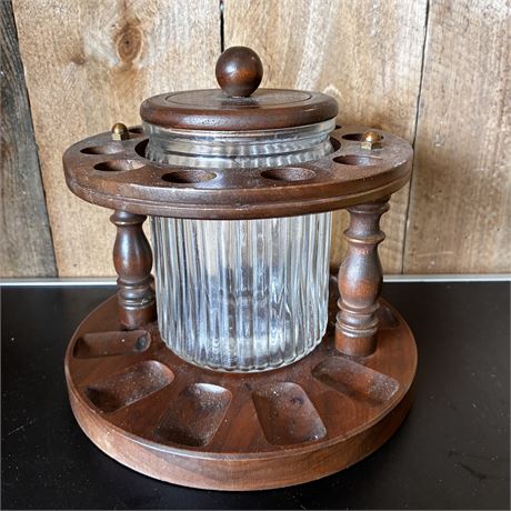 Vintage Smoking Pipe Stand with the Ribbed Glass Tobacco Jar