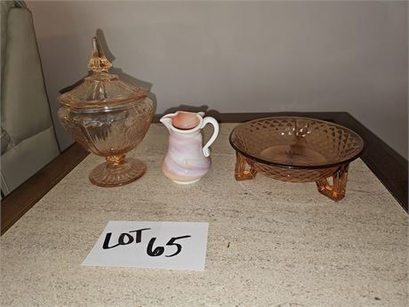 Pink Depression Glass:Anchor Hocking Lidded Compote/Lancaster Footed Bowl & More