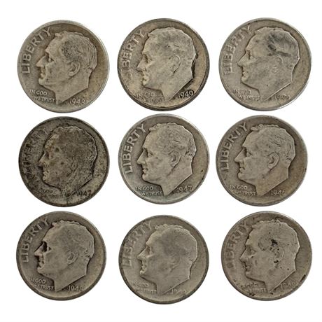 1940's Roosevelt Dimes 90% Silver (Lot of 9)