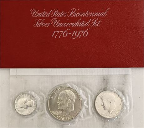 1776-1976 US Mint Bicentennial Silver 3 Coin Uncirculated Set in Red Envelope