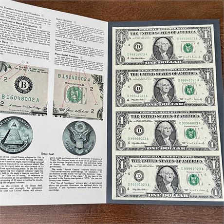 1995 Bureau of Engraving Uncut $1 Bills, Single Sheet of 4