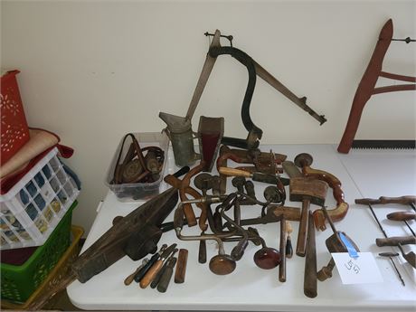 Large Lot of Primitive Tools: Mallets / Sprayer / Hand Drill Parts & More
