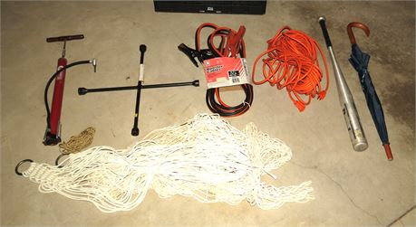 Mixed Lot: Jumper Cables, Extension Cord, Bat, Etc