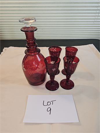Ruby Flash Etched Cruet & Matching Footed Brandy Glasses