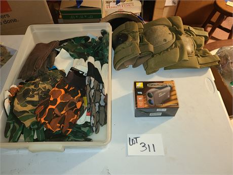 Large Lot of Hunting Gloves/Knee Pads & Rifle Hunter 550 Laser Range Finder