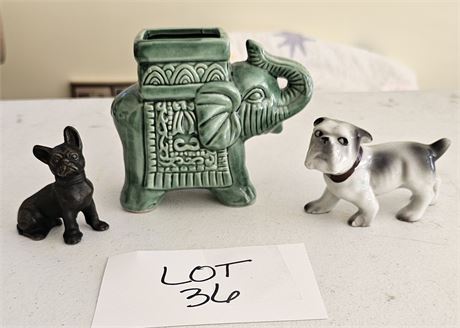 Vintage Elephant Planter, Bull Dog Ceramic Figurine & Cast Metal Bull Dog