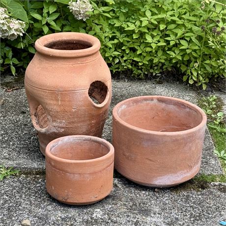 Terracotta Strawberry and Flower Pots, Lot of 3