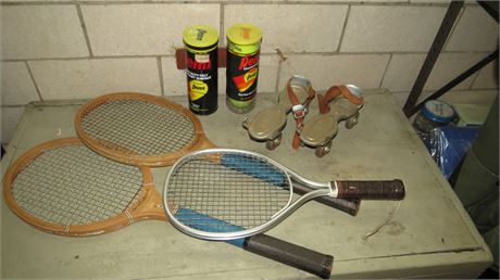 Tennis Rackets, Balls, Vintage Roller Skates