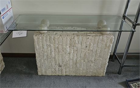 Postmodern Tessellated Stone & Travertine Couch Table with Glass Beveled Top