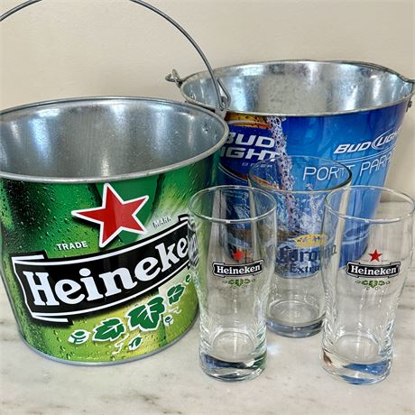 Metal Beer Buckets and Beer Glasses