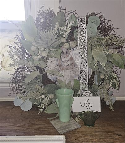 Home Decor 18" Diam Wreath, Wreath Holder, Kelsey Angel Print & Jadite Vase