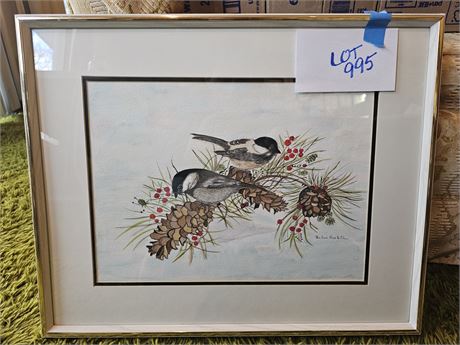 Signed Pauline Hostetler "Black Capped Chickadee" Water Color Painting