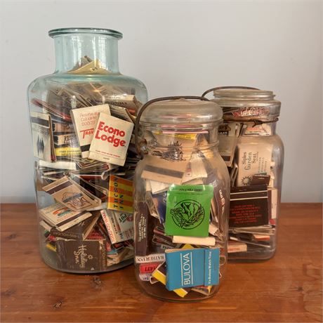 Old Glass Jar and Mason Jars Filled w/ Vintage Matchbooks