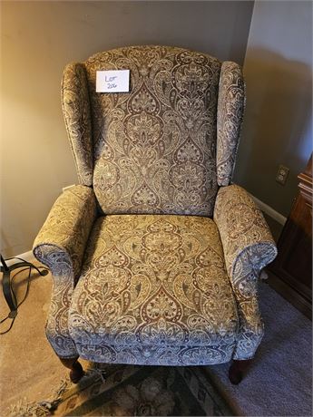 Paisley Pattern Recliner With Rolled Arms & Wood Trim