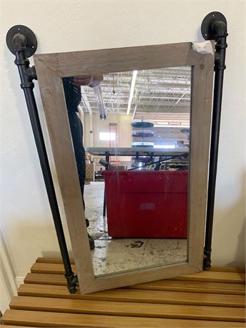 Wood Framed Mirror W/Metal Industrial Style Mounting