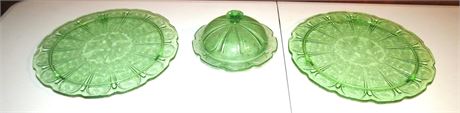 Green Depression Glass Platters, Bowl