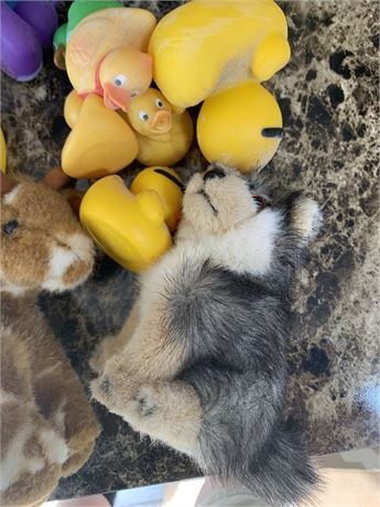 Yellow Rubber Duck/Duckie Lot & Plush Animals Giraffe & Wolf & Baby Doll