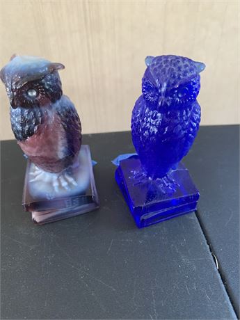 Set of 2 Dark Blue and Purple/White Swirl Degenhart Slag Glass Wise Old Owls