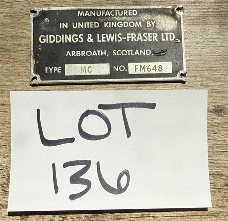 Giddings & Lewis Original Metallic Machinery Nameplate Arbroath Scotland