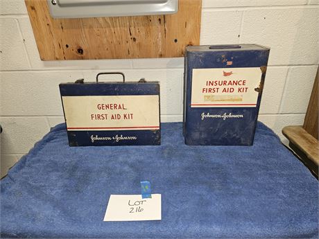 Vintage Johnson&Johnson First Aid Kits - Blue Metal Boxes with Supplies