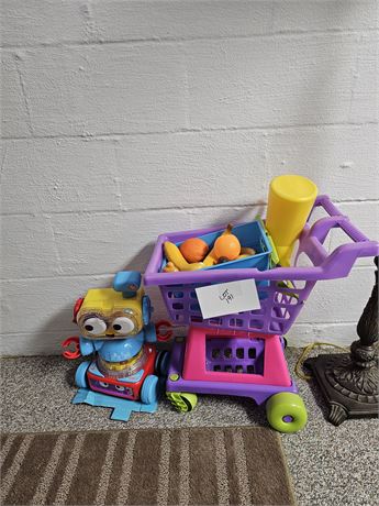 Mixed Toy Lot: Fisher Price Robot / Shopping Cart with Fruit & More