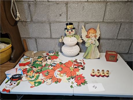 Vintage Christmas:Gurley Candles/Honeycomb Snowman/Dennison Window Deco & More