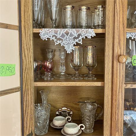 3-Shelf Barware Lot w/ Etched Schooner Set, Coors, Gold Rimmed and More