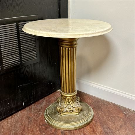 Neoclassical Marble Top Plaster Pedestal Column Side Table - 15 x 18”T