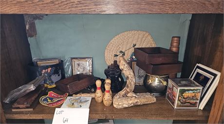 Mixed Decor Lot - Wood Figurines / Patches / Art & More