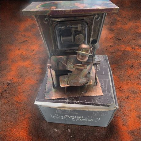 Vintage Musical Motion Tin Metal Folk Art Piano Player Wind Up Music Box W/Box