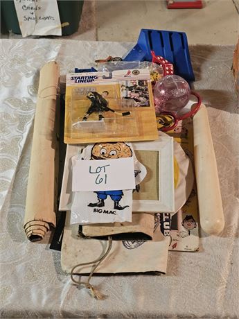 Mixed Toy Lot- Bozo Wall Hanging, Dapper Dan, Squirrels Club Bags & Much More