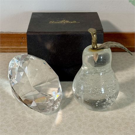 Rosenthal Large Diamond Paperweight and Bubble Glass Pear Paperweight