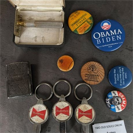 Budweiser Bottle Opener Keychains, Gillette Gold Tech Safety Razor W/Box