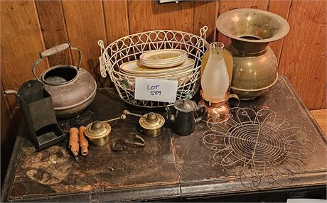 Vintage Lot: Spittoon, Match Holder, Copper Lantern, & Much More