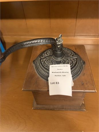 Antique Manual Wood Coffee Grinder W/Cast Iron Top & Handle & Drawer for Grounds