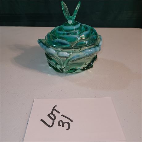 Fenton Green & Opalescent Lidded Butterfly Candy Dish