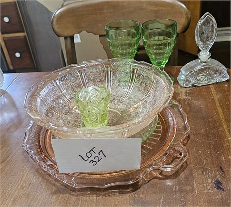 CAMBRIDGE PINK DEPRESSION GLASS BOWL & PLATTER, GREEN DEPRESSION GLASS