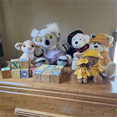 Stuffed Animals & Vintage Letter Blocks