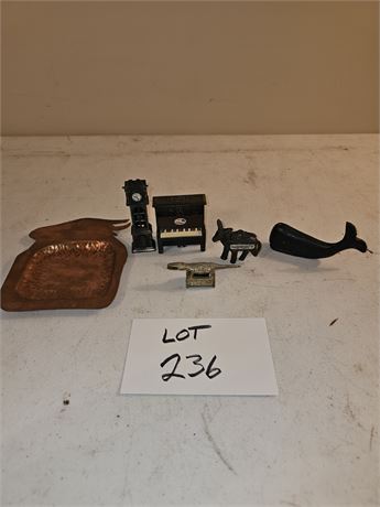 Vintage Metal Pencil Sharpeners, Cast Metal Whale Paperweight & Copper Tray