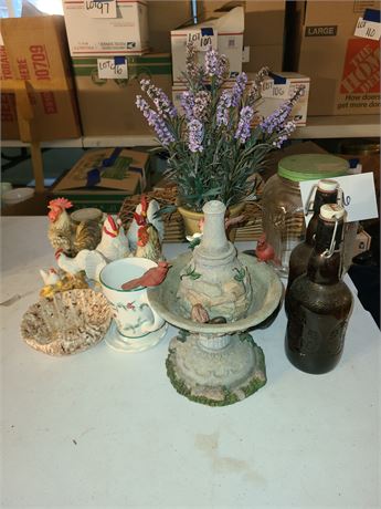 Mixed Home Decor Lot:Faux Flowers/Letter Basket/Chicken Figs & More