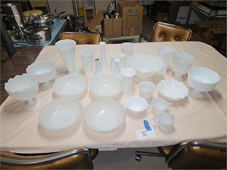 Mixed Milk Glass Lot: Brody / Napco Vases, Bowls & More