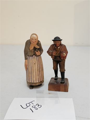 Vintage Wood Carved Swiss Made Man & Lady Figurines