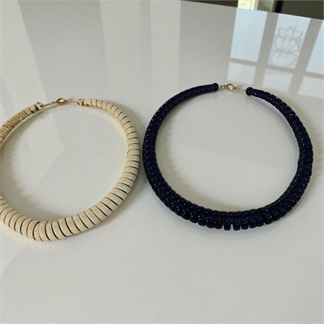 Graduated Plastic Coil Coco Disc Necklaces in White & Navy Blue (Set of 2)