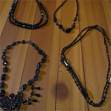 Black Double Rope Glass Bead Necklace, Black Faceted Bead Rope Necklace