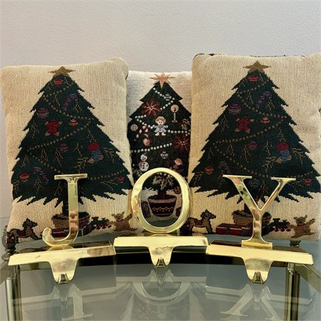 Metal J-O-Y Stocking Hangers and Knit Holiday Accent Pillows